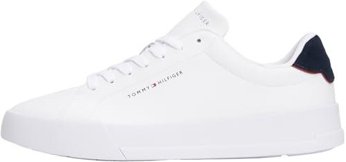 Tommy Hilfiger Herren Court Sneaker Detail Essential aus Leder, Weiß (White/Navy Blue), 43
