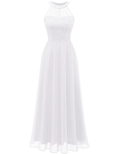 WedTrend Damen Spitzenkleid Brautjungfer Kleid Lang Chiffon Abendkleid Party Cocktailkleid Neckholder Sommerkleid Weiß WT0201 White M