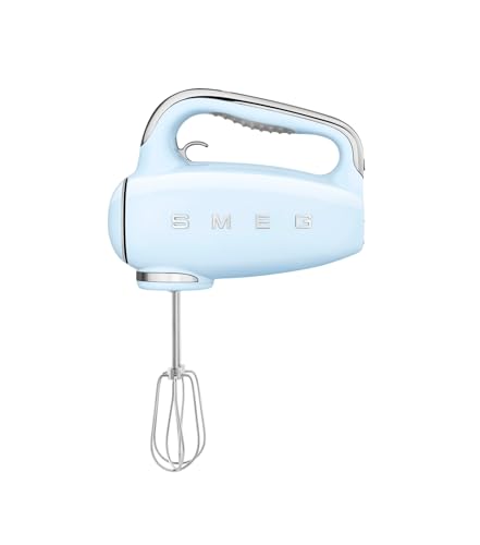 Smeg, HMF01PBEU Electric Mixer, 9 -Geschwindigkeitsniveaus, Turbofunktion, glattes Start -Start -up -System, 4 Peitschen, 2 Ganci -Mixer und umhüllt, 250W, Blau