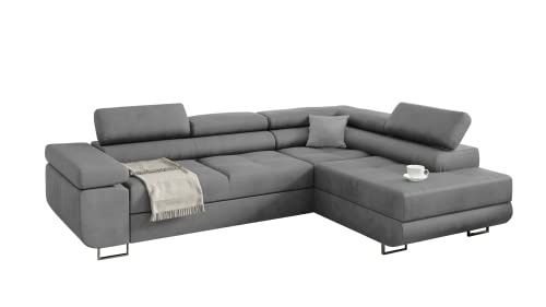 KREATIVE FURNITURE & DESIGN Ecksofa Miami ecksofa mit schlaffunktion und bettkasten, Wohnzimmer ecksofa, Ecksofa mit Bettkasten, Ecksofa in L-Form Couch l Form (Grau, rechte Ottomane)