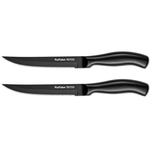 Ruffulon Steakmesser Set 2 teilig, Hochwertige Steakmesserset,Steak Messer Set mit Wellenschliff,Vollständig Edelstahl Küchenmesser Set,Scharfe Steakbesteck Messer,Schwarzes