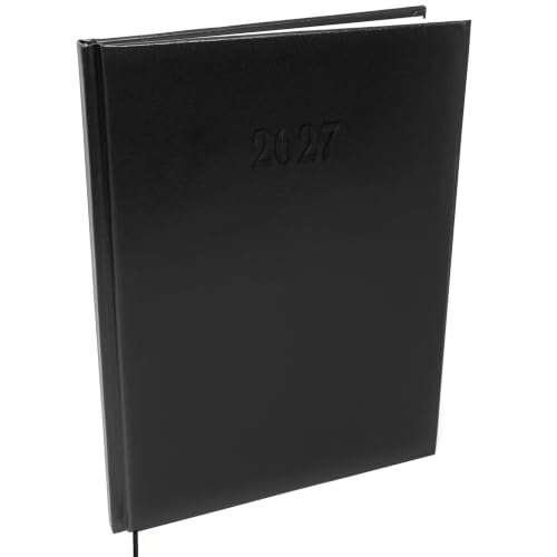 Terminkalender 2027 fast A4 - Buchkalender 1 Woche 2 Seiten (Schwarz) | Terminplaner 2027 A4 mit Halbstunden-Taktung 7-21 Uhr, Lederoptik Hardcover & Leseband | Kalender für Büro & Business