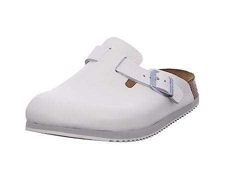Birkenstock Boston Super Grip aus Naturleder - Herren und Damen Clogs Berufsschuh - Rutschhemmende Gummi-Eva-Sohle nach EN ISO 20347 - Anatomisch geformtes Kork-Latex-Fußbett - Weiß - Normal - 42
