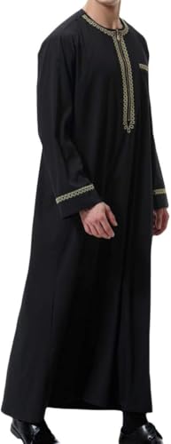 BeerMmay Herren Muslim Druck Kaftan Islamisch Royalty Dubai Robe O-Ausschnitt Lange Ärmel Retro Tuniken Abaya Lose Kandoura,Schwarz,L