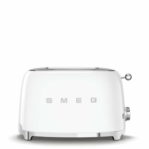 Smeg, 2x2 TSF01WHEU -Toaster, 2 Schlitze für 2 Scheiben, 6 Vergoldungsniveaus, Heizfunktion, Abtau- und Bagel- Funktion, Sammelschublade, 950W, Weiß