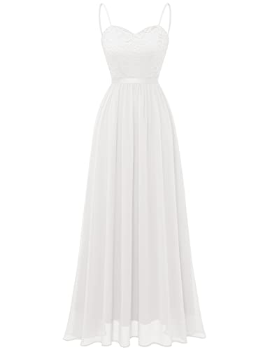 DRESSTELLS Damen Ballkleid Maxi Lang Abendkleider Chiffon Spitzen Brautjungfernkleider Bodenlang Cocktailkleid mit Spaghettiträgern Konfirmationskleid White L