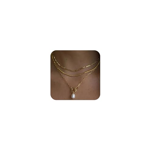 Damen Layering Kette Gold mit Perlenanhänger – 14K Vergoldet Zierliche Goldkette, Stapelbare Choker Halskette für Frauen, Trendy Modeschmuck Set Goldene Halsketten, Halskette Gold Schmuck Geschenk