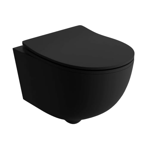LAVITA Wand-WC Brava Black Hänge Toilette WC Sitz Toilettendeckel mit Absenkautomatik & Metallscharniere Toiletten Spülrandlos Hängend Toilettenbecken 360x480x375 mm Schwarz