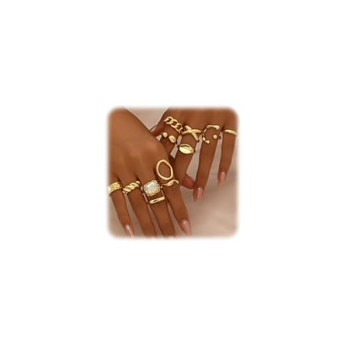 FloralGrace 12 Stück Dicke Gold Stapelringe Set für Frauen, Vintage Knöchelringe Feine Hohle Gravur Gelenk Finger Midi Ring, Schicke Goldringe Für Damen Elegant