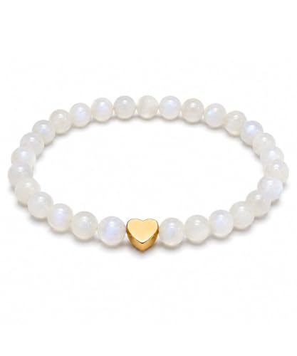 GD GOOD.designs Edelstein Mondstein Armband mit 18K vergoldetem Edelstahl Herz | Perlenarmband Damen mit echten 6 mm Naturstein Perlen | Wasserfest | elastisch 15–19 cm | inkl. Schmuckbeutel