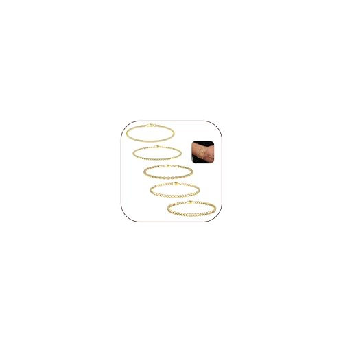 LOLIAS 5 Stück Gold Armbänder für Herren Edelstahl Armbänder Herren Gliederseil Figaro Kette Armband Set für Herren Damen Schmuck Geschenk für Männer ihn Vater Freund Ehemann