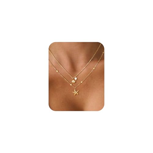 Muschelkette für Damen, Layering Halskette Damen Gold Anlaufgeschützt, Einstellbare Hypoallergen Wasserfest Edelstahl Halskette mit Muschel Perlen Anhänger Schmuck für den Sommer-Strandurlaub