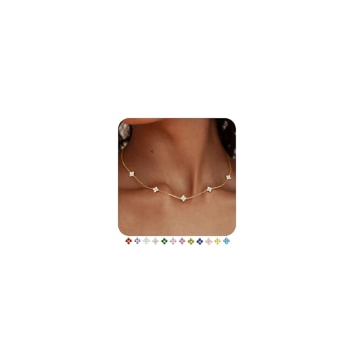 FUNEIA Kette Gold Damen Halskette 18k Vergoldete mit Geburtsstein Anhänger Wasserfest Goldkette mit Kleeblatt Verstellbare Goldene Kette für Freundin Frauen Mädchen Goldschmuck Geburtstag Geschenk