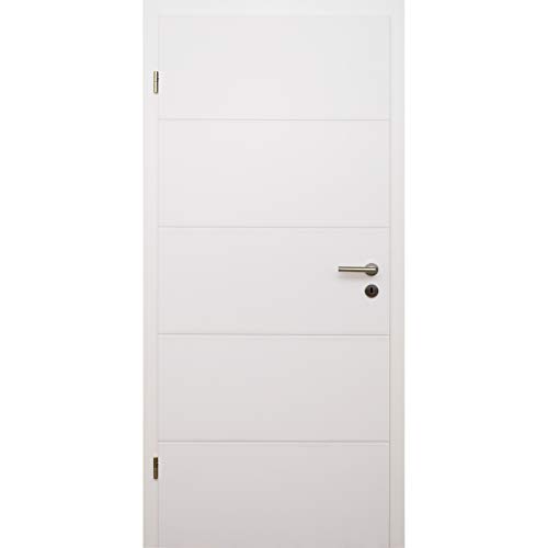 HORI Zimmertür Komplettset mit Zarge und Türdrücker I Innentür weiß lackiert mit 4 Querstreifen I Höhe 198,5 cm I Anschlag, Breite und Wandstärke wählbar I DIN links I 1985 x 860 x 140 mm