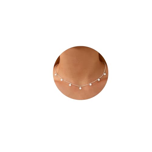 Halora Kette Silber Damen, Halskette Silber Perlenkette Damen Kette mit Perle Choker Frauen Schmuck Valentinstag Geschenke für Sie Pearl Necklace