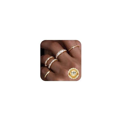 Diamday 5 Stück Gold Ringe Damen 14 Karat Vergoldete Wasserfes Goldene Ringe Set Zirkonia Daumenring Knuckle Finger Statement Verlobungs Versprechen Stapelbarer Damenring - Mit Schmuck Schatulle