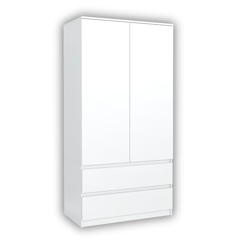 meble masztalerz Kleiderschrank 90 cm Breite - mit 2 Schubladen - Kleiderschränke Schlafzimmer - Wohnzimmer Schrank - Schlafzimmerschrank - Garderobenschrank - Schrank - Weiß - 90x50x180 cm