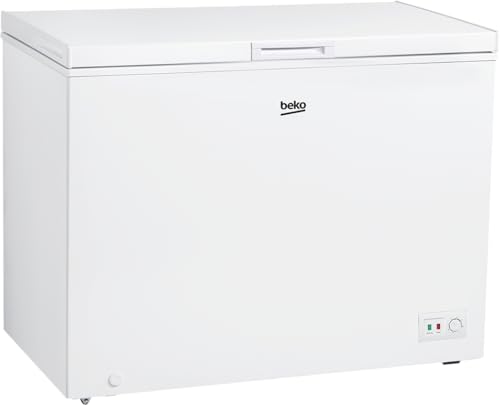 Beko CF316EWN Gefriertruhe, Kühltruhe, 308 l Nutzvolumen, 1 Gefriergutkorb, Temperaturalarm, Transportrollen, LED-Anzeigesystem, 40 db(A), in unbeheizten Räumen nutzbar, Weiß