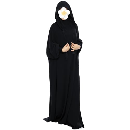 Muslimisches Gebetskleid Abaya Solid One Piece Hoodie Abaya Kleid für Frauen Langes Maxikleid Islamisches Dubai Jilbab, Schwarz, Einheitsgröße