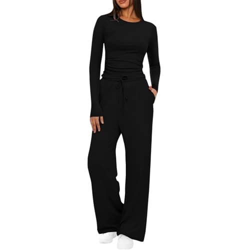 RLEHJN Jogginganzug Damen,Zweiteiler Lounge Set Langarm Rundhals Seitliche Rüschen Oberteile und Weites Hose Elegant Freizeitanzug Elastischer Bund Gerade geschnittene Hosen Sweatsuit