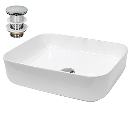 LuxeBath Waschbecken Keramik 505x395x135 mm Weiß mit Ablaufgarnitur Silber, Rechteckiges Aufsatzwaschbecken für Badezimmer/Gäste-WC, Modernes Aufsatzbecken, Waschtisch Waschschale Waschplatz Becken