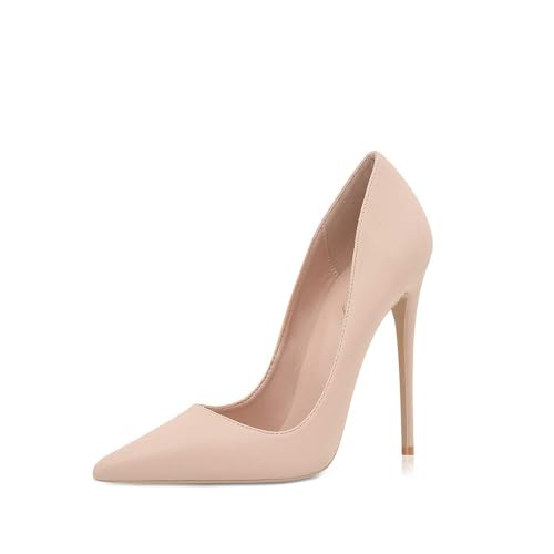 Zhabtuc Damen Pumps, Spitze Zehenpartie, High Heel, 12 cm, Party-Stilettos, mattierte Pumps, Nude, 42 EU