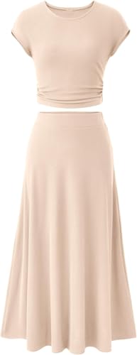 BUNSLOOM 2-teiliges Damen Sommer Outfit Zweiteil Set Kurzarm Strick Oberteil Raffung Elastischer Bund A-Linie Midirock