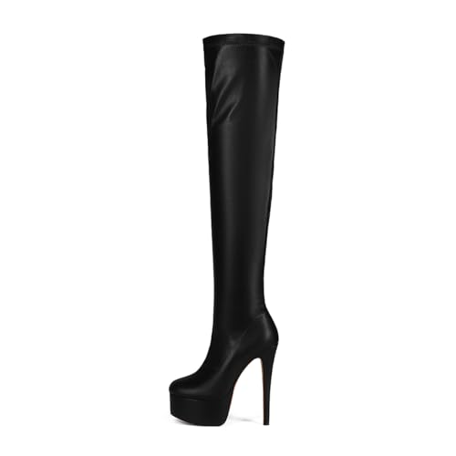 Feinlina Schwarz Frauen über Knie hoch Stiletto Plattform Heel Stiefel Nacht Sexy Mode Leder Oberschenkel hohe Stiefel