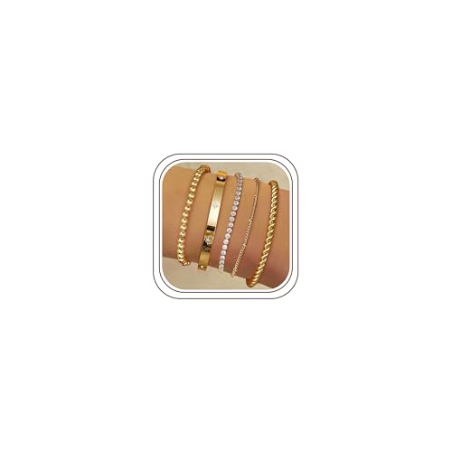 LOLIAS 5 Stück Armband Damen Gold 14 Karat Echtgold Armkette Manschetten Armband Hypoallergen Goldperlen CZ Tennis Armband Kette Stapelarmbänder Schmuck Gold Für Damen