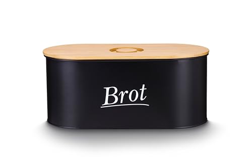 Nouvu Brotkasten aus Metall mit multifunktionalem Bambusdeckel & Luftlöchern - Brotbox Schwarz für lange Frische von Brot & Brötchen - 36x17,6x15,5 cm
