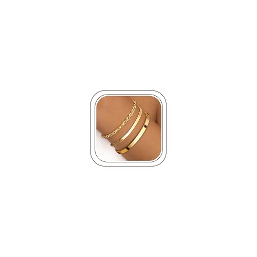 Finrezio 3-5 Stück Armband Damen Gold 14 Karat Vergoldet Stapelarmbänder Edelstahl Figaro Perlen Ketten Armbänder Verstellbare Armband Set Wasserdichter Gold Schmuck für Damen