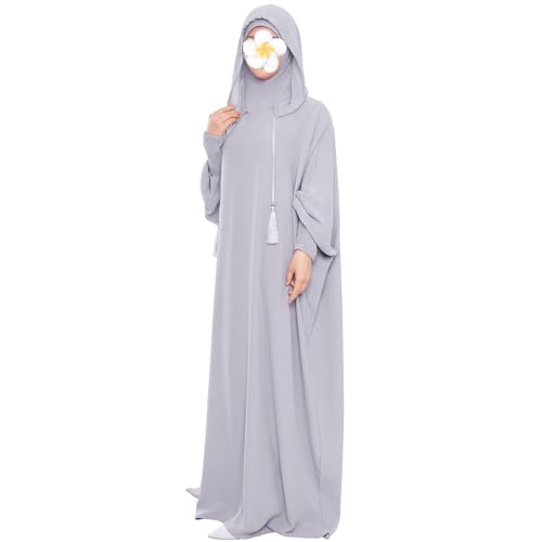 Muslimisches Gebetskleid Abaya Solid One Piece Hoodie Abaya Kleid für Frauen Langes Maxikleid Islamisches Dubai Jilbab, Hellgrau, Einheitsgröße