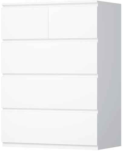 BEWISHOME Kommode mit 5 Schubladen,Kommode weiß,Kommoden & Sideboards,Schubladenschrank,Komodenschrank für Schlafzimmer,Wohnzimmer,Flur,68x38x94 cm EKCG07W