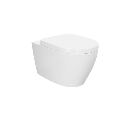 Hänge-WC weiß D-Form| Moderne Toilette WC | Tiefspüler Hänge WC | WC Sitz mit Absenkautomatik | Gäste WC | Länge 55.5cm, Weiß | Wand WC spülrandlos | Leise Spülung