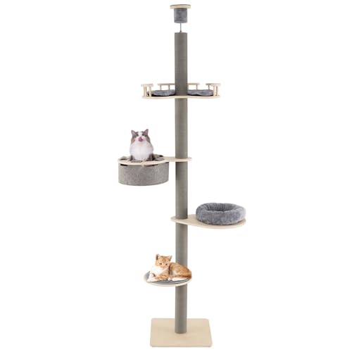 COSTWAY Kratzbaum deckenhoch, 236-271 cm, von Boden bis Decke, 5-stöckiger Katzenbaum, Katzenkratzbaum hoch, Kletterbaum mit Hängematte & Plattformen & Plüsch-Bett, Katzen Katzenmöbel Holz, Grau