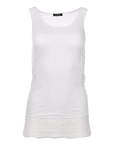 Easy Young Fashion - Damen Trägertop mit Spitzensaum - langes Unterziehshirt Skinny Fit 0518 (Weiß S/M)