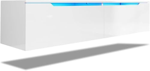 SONNI TV Schank, Lowboard Weiß Hochglanz hängend 180x35x30cm mit LED-Beleuchtung(12 Farben können eingestellt werden), Griffloses Design, TV Board, Fernseherschank, Fernsehtisch, TV-Regal. GTV009W-180