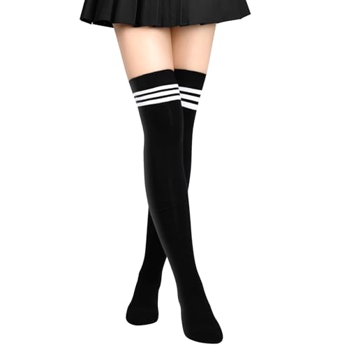 Aomig Damen Overknees Strümpfe, 1 Paar Dünne Einfarbig Gestreifte Lange Kniestrümpfe Mädchen, Lässige Kniehohe Socks für den Alltag, Weihnachten und Halloween Cosplay(Schwarze Streifen)