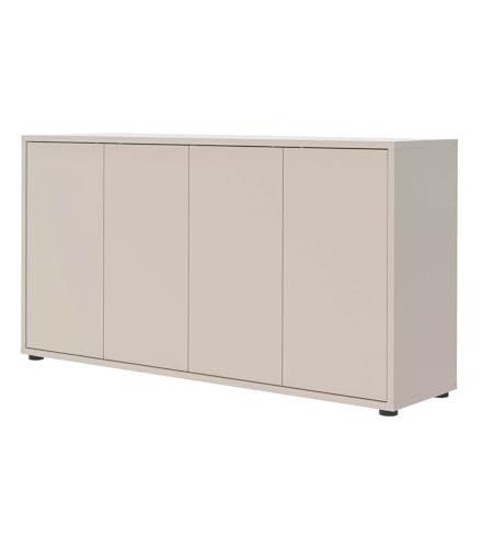 mokebo Kommode Sideboard Kaschmir (136x73 cm) 'Die Horizontale' aus Holz 4-türig, Made in Germany, Moderne Anrichte, Flurkommode matt, Beistellschrank oder Kleiner Wohnzimmerschrank in Grau Beige