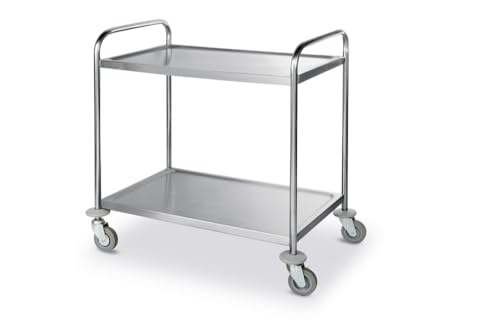 HENDI Servierwagen, für Geschirr, Küchenwagen, mit 4 Lenkrollen-2 Davon gebremst, 2 Regalböden, Max. Traglast pro Boden 50kg, 905x585x(H) 945mm, Blech 830x510mm, Edelstahl
