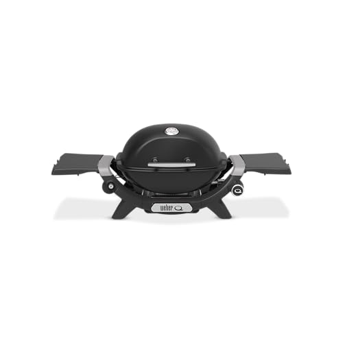 Weber Q 1200N Gasgrill mit Seitentischen/leichter Grill für Camping, Terrassen & Balkone mit Hochleistungsbrenner, porzellanemaillierten Gussrosten & elektronischer Zündung, Mitternachtsschwarz