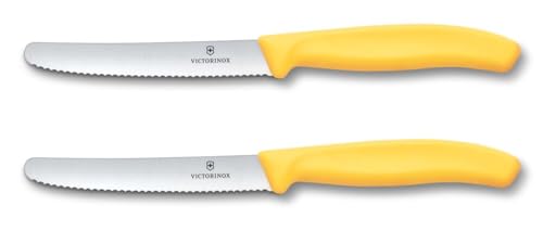 Victorinox Swiss Classic, Frühstücksmesser, Brötchenmesser Set 2teilig, Scharfe Klinge, Wellenschliff, 11 cm, Rostfreier Stahl, Gelb