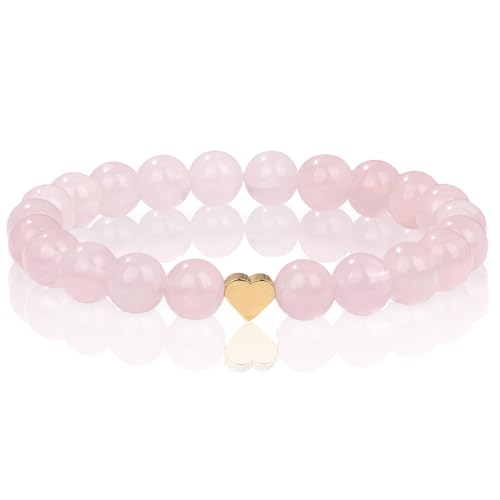 Onperpoe Rosenquarz Armband mit Echt Perlen und Edelstahlherz - Verschiedene Längen Heilstein Kette Rosenquarz Perlen Glücksbringer Armband - Geschenk Spiritueller Schmuck Damen