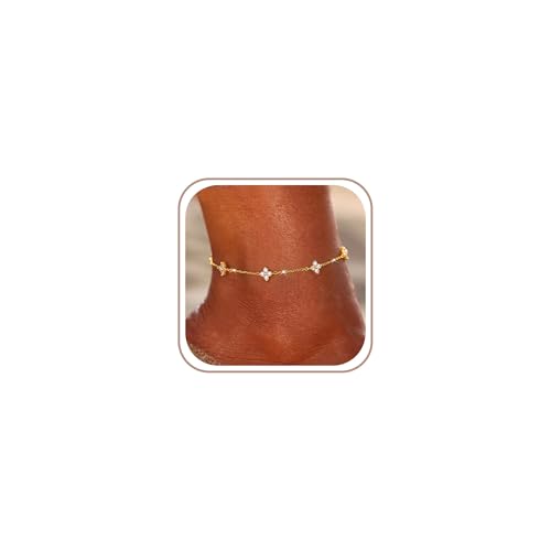 HARJJME Fussketten für Frauen Gold 18K Vergoldet Fußkettchen für Damen Wasserfest Verstellbar Fußkette Zirkonia Kleeblatt Fusskette Sommer Strand Fußschmuck Geschenk für Teenager Mädchen