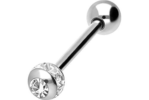 PIERCINGLINE Chirurgenstahl Barbell EPOXYRING KUGEL + KRISTALL Piercing Stab Brust Zunge Silberfarben Kristallklar 14 mm