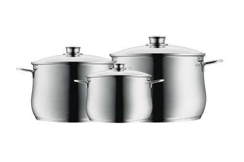 WMF Diadem Plus Topfset Induktion 3-teilig, Kochtopf Set mit Glasdeckel, Cromargan Edelstahl poliert, Induktions Töpfe Set unbeschichtet