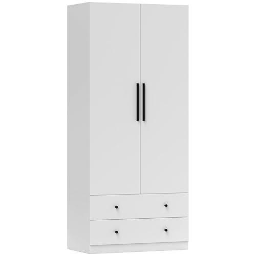 HOMCOM Kleiderschrank Mehrzweckschrank 2-türig mit Kleiderstange und 2 Schubladen Garderobenschrank für Schlafzimmer 79 x 43 x 180 cm Weiß