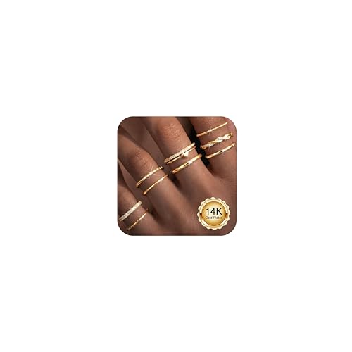 CASSIECA 9Pcs Ringe Set für Damen, Gold Stack Ringe mit Kubischer Zirkon Daumen Ring Fingerring Verlobung Versprechen Offene Ring Schmuck für Freundin Frau Mom