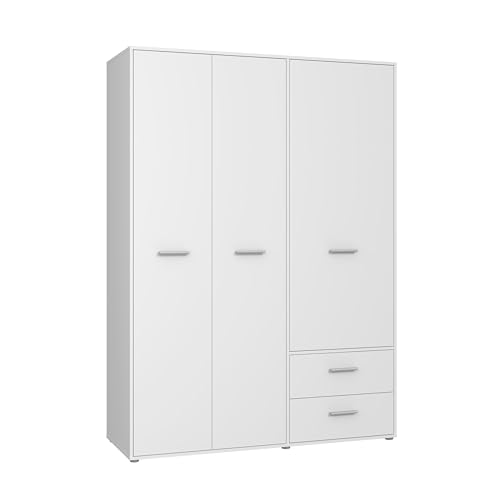 FORTE Jupiter Schrank 140 150, weißer Kleiderschrank, Drehtürenschrank, 3-türig, mit 2 Schubladen und Einlegeböden, Weiß, 145 cm breit x 53 cm tief x 200 cm hoch