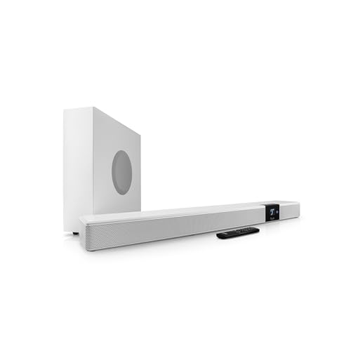 Teufel CINEBAR 22-5.1 Dolby Atmos Soundbar mit kabellosem Platzsparender Subwoofer, 8 Tönern, Heimkinosysteme, HDMI 3D ARC CEC, 4K-Pass-Through, Touch Panel - weiß